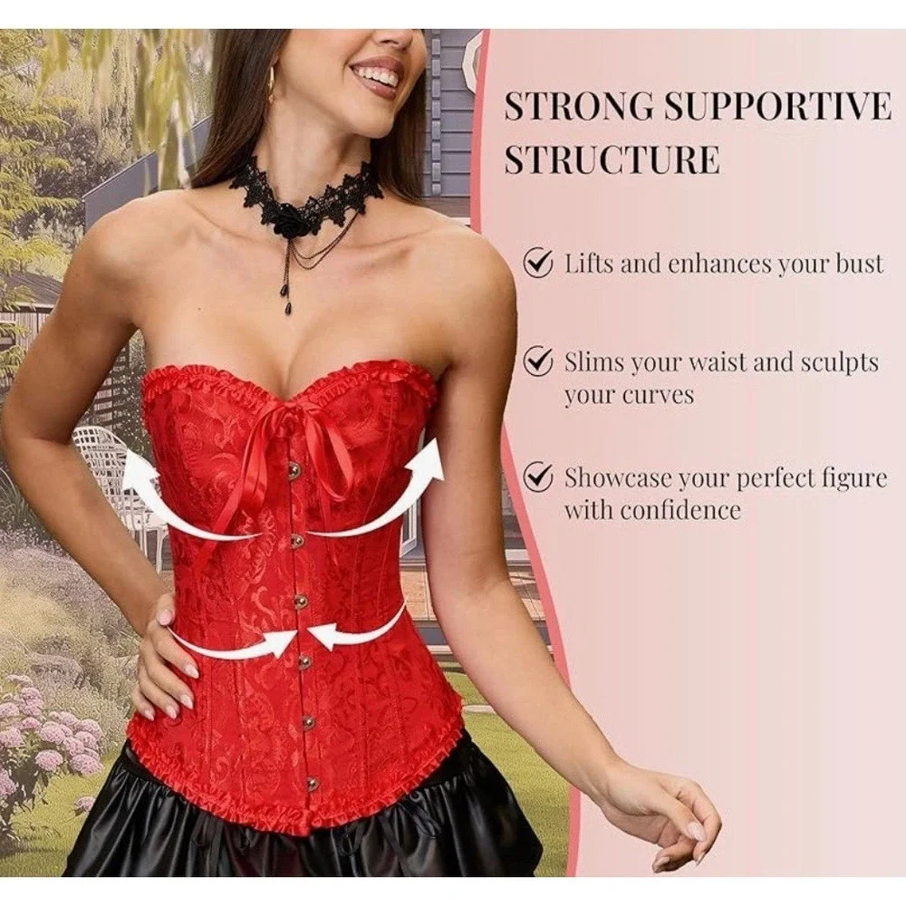 Valentines Day Floral Jacquard Lace Up Corset Boned Overbust Womens Red Size XXS
